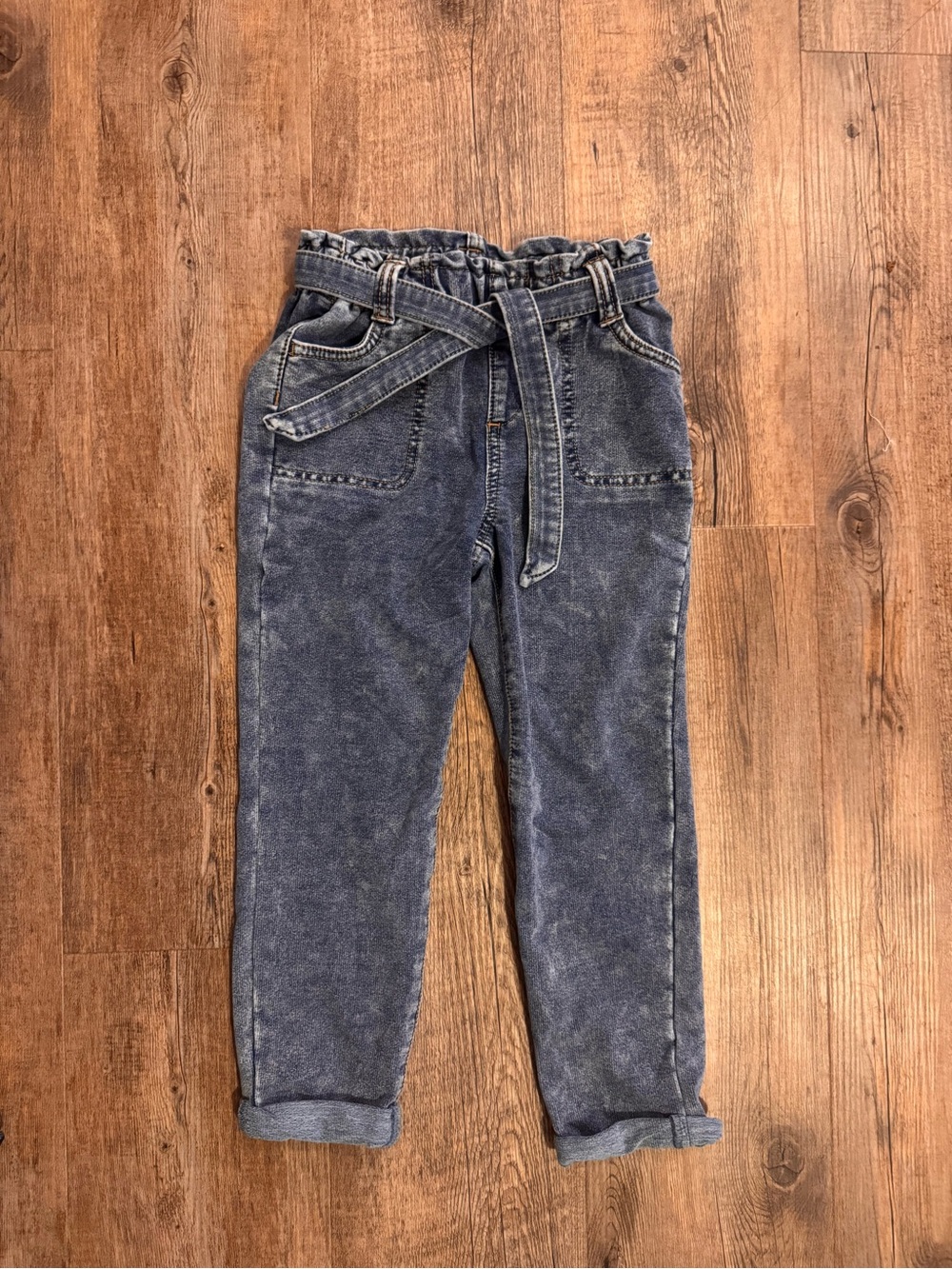 Epic Threads Girls Washed Blue Paperbag Waist Jeans with Tie Belt - size 6x